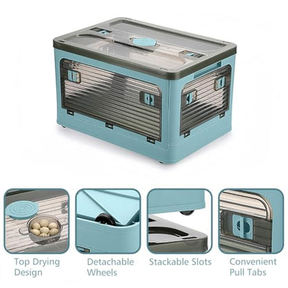 Folding Storage Bins, 50 Liters, 2 Pcs Blue plastic Storage Containers with Wheels, Double Doors, Foldable, Stackable, Plastic Box with Lids for Organization, Storage Cart