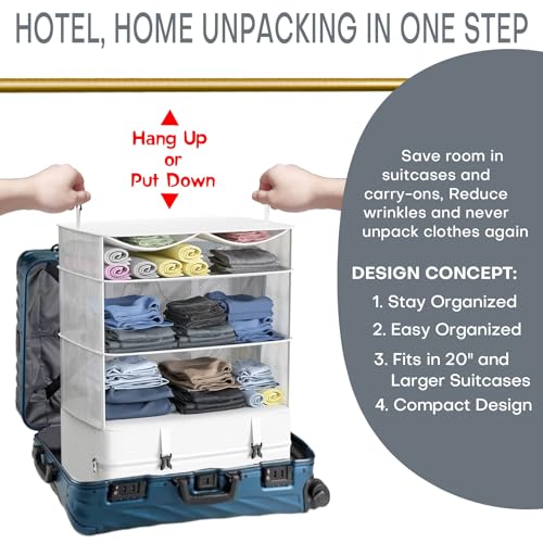 Compressible Packing Cubes Portable Hanging Closet Shelves 17"x12"x24" Extendable Travel Organizer Nylon Packing Bags for Suitcase - color: White