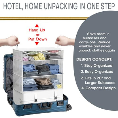 Compressible Packing Cubes Portable Hanging Closet Shelves 17"x12"x24" Extendable Travel Organizer Nylon Packing Bags for Suitcase - color: White