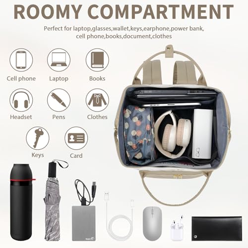 VANKEAN 15.6Inch Laptop Backpack for Women Fashion Computer Work Bag, Large Capacity Waterproof Backpack, College Daypack Business Travel,(Beige-Khaki, 15.6 Inch) - color: Beige-khaki, size: 15.6 Inch