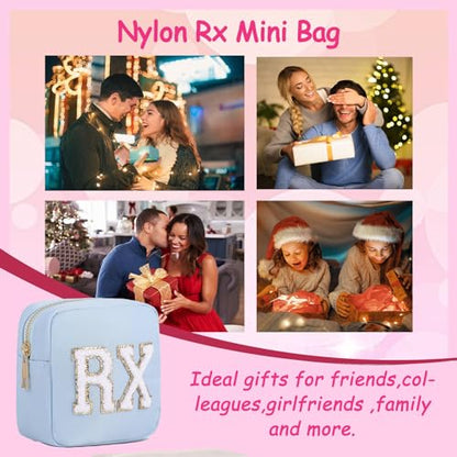 uekeboag Personalized Small Nylon Rx Cosmetic Bag, Cute Chenille Letter Patch Medicine Drug Pouch with Zipper,Preppy Makeup Travel Vitamin Bag for Women and Girls(Light Blue) - color: 02Light Blue