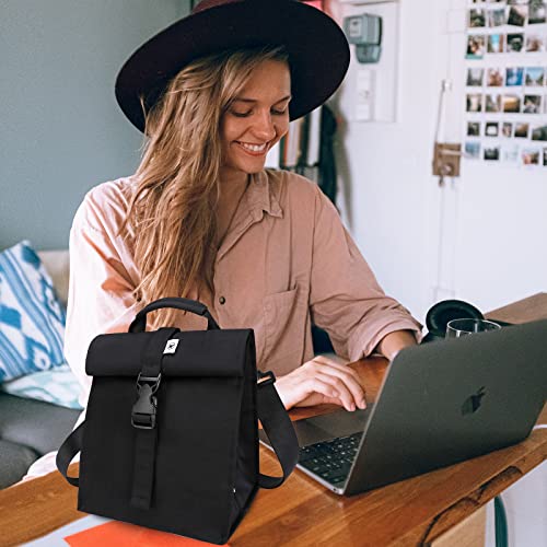 SUNNY BIRD Insulated Lunch Bag Rolltop Lunch Box for Women, Men, Adults and Teens (Black) - color: Black
