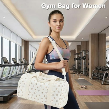 Gym Bag Sports Duffle Bag with Wet Pocket Weekender Overnight Bags with Waterproof Shoe Pouch and Air Hole for Girls Kids Women Workout Travel Bags (Brown Bow - Beige) - color: Brown Bow - Beige