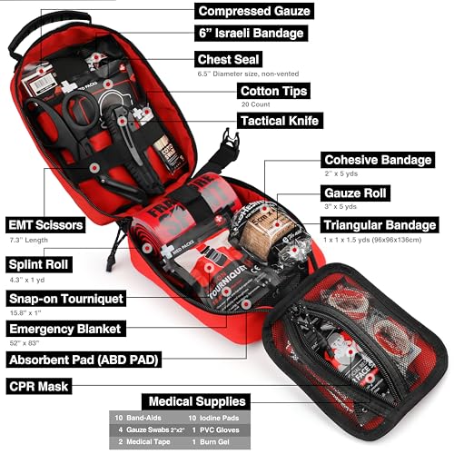 Survival First Aid Kit with Israeli Bandage, Chest Seal, Tourniquet, Splint, Tactical Military Combat Molle IFAK for Wound Care, Bleeding Control, Trauma Hemorrhage and More (Red) - color: Red