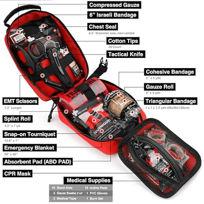 Survival First Aid Kit with Israeli Bandage, Chest Seal, Tourniquet, Splint, Tactical Military Combat Molle IFAK for Wound Care, Bleeding Control, Trauma Hemorrhage and More (Red) - color: Red