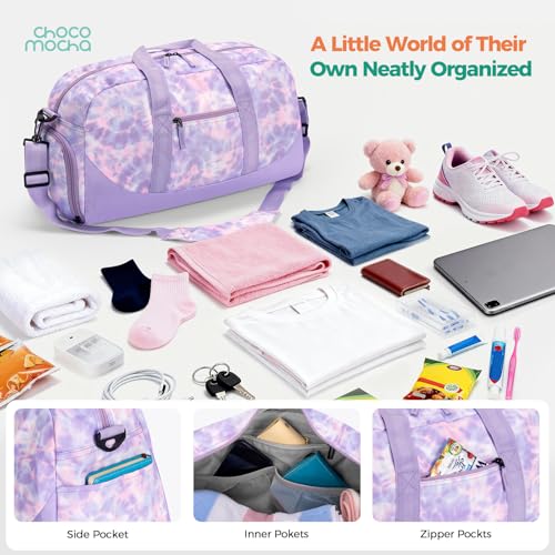 Choco Mocha Kids Duffle Bag, Girls Tie Dye Overnight Travel Bags for Kid with Shoes Compartment, Large Weekender Bag for Sleepover, Purple - color: Tie Dye-Purple