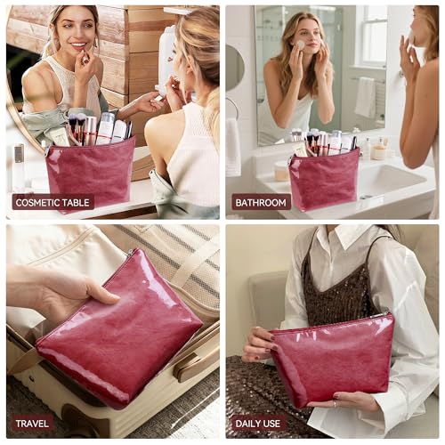 WLLWOO PVC Waterproof Makeup Bag Kraft Paper Cosmetic Bag Travel Toiletry Zipper Pouch Organizer for Women Purse - color: PVC-Burgundy
