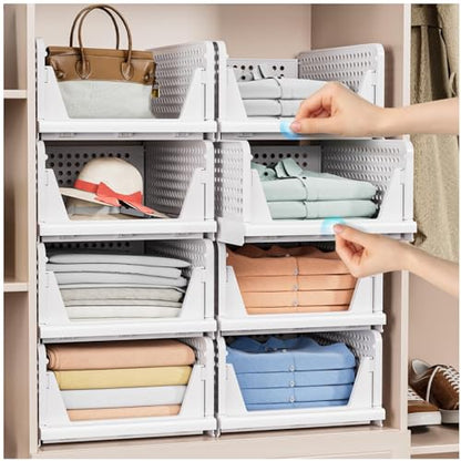5 Pack Stackable Closet Storage Basket - Stackable Storage Bins, Multifunctional & Foldable Closet Organizer Waterproof, Wardrobe Cupboard Space-Saving Hat Storage Drawer Organizer, White - size: 5 Pack White