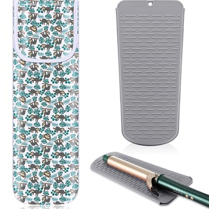 Shappy 2 Pcs Heat Resistant Hair Tools Bag Curling Iron Travel Case Cover Neoprene Flat Iron Holder Travel Case and Silicone Mat Pouch for Hot Hair Tools Storage Organizer(Sloth Style) - style: Sloth Style