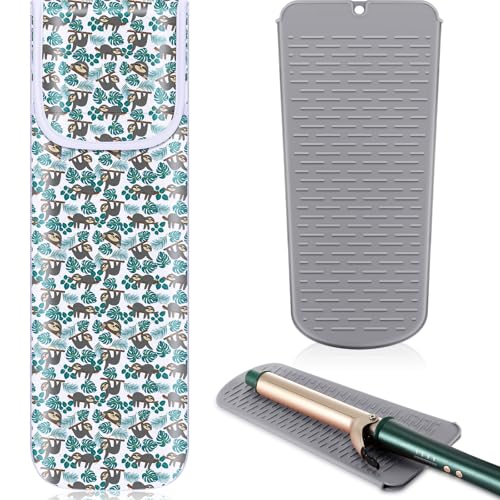 Shappy 2 Pcs Heat Resistant Hair Tools Bag Curling Iron Travel Case Cover Neoprene Flat Iron Holder Travel Case and Silicone Mat Pouch for Hot Hair Tools Storage Organizer(Sloth Style) - style: Sloth Style