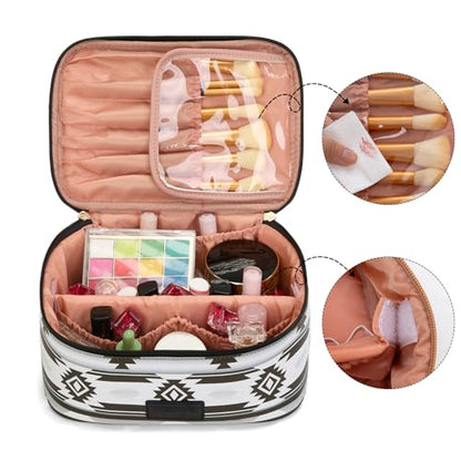Montana West X Wrangler Travel Makeup Bag 2pcs Set Large Cosmetic Bag with Makeup Brush Holder Portable Make Up Organizer Cute Toiletry Bag with Divider and Handle for Women Aztec - color: Aztec-Black