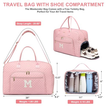 Letter Travel Duffle Bags for Women - Initial Personalized Weekender Bag with Shoe Compartment Carry On Overnight Bag with Toiletry Bag Duffel Bags Hospital Bags Birthday Gifts Pink (Letter M) - color: Z-Pink M