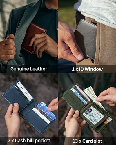 Artpaxy Mens Wallet Bifold Genuine Leather RFID Blocking Wallet for Men with 1 ID Windows 13 Card Holders 2 cash pockets 1 Gift Box - color: Green