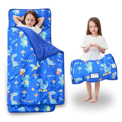 Lasoftan Toddler Nap Mat with Pillow and Blanket, Extra Large Rolled Napping Mats,Slumber Bags for Boys Girls,Kids Sleeping Bag for Daycare, Preschool Travel Camping - color: Blue Dinosaurs