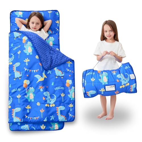 Lasoftan Toddler Nap Mat with Pillow and Blanket, Extra Large Rolled Napping Mats,Slumber Bags for Boys Girls,Kids Sleeping Bag for Daycare, Preschool Travel Camping - color: Blue Dinosaurs