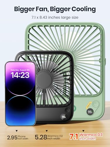 Warmco 10000mAh Portable Travel Fan 7-inch, Up to 24H Runtime, Ultra-thin Quiet Rechargeable Battery Operated Desk Fan with Digital Display for Camping, Office, Bedroom, Cruise Essentials - color: Sage Green