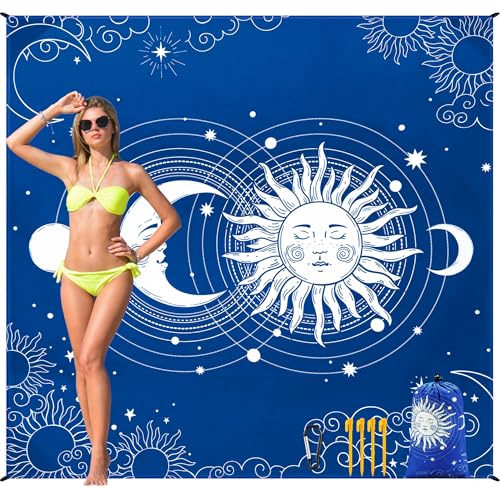 HIHOHO Beach Blanket Waterproof Sandproof Beach Mat for 1-8 Adults Quick Drying Durable Outdoor Picnic Mat for Beach Festival Travel Camping Hiking (BL-SUNMOON, 79"×83"(4 Person)) - color: Bl-sunmoon, size: 6'11" x 6'7"