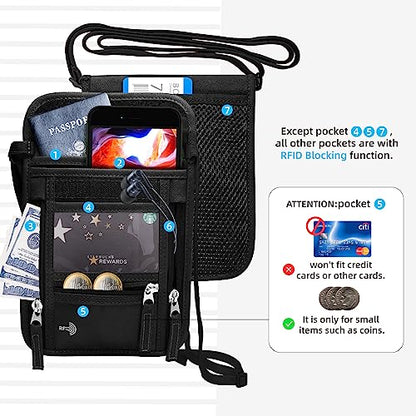WALNEW Passport Holder Neck Pouch Travel Wallet for Women and Men, RFID Blocking Security Slim Traveling Wallet with Around Neck Lanyard Strap, Black - color: Black