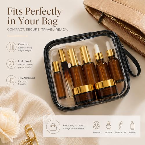 18Pack Avoid Light Glass Travel Bottles for Toiletries, TSA Approved Travel Skincare Containers with Label, BPA Free Leak Proof,Golden-Brown - color: Golden-brown glass