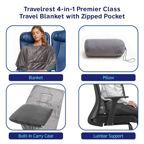 travelrest 4-in-1 Travel Blanket – Wearable Blanket, Pillow & Body Wrap, Lightweight, Compact & Cozy with Carry Case, Travel Friendly, Comfort, Ideal for Airplanes, Long Flights, Road Trips - Grey