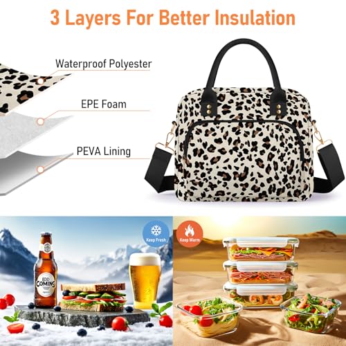 Lunch Bag Large Insulated Lunch Box for Women Adult Cute Lunchbox Lunch Bags Boxes Pail with Shoulder Strap for Work Mom Picnic Office Travel 11.4×6.8×9.1 inches 11.5L (Leopard) - color: Leopard