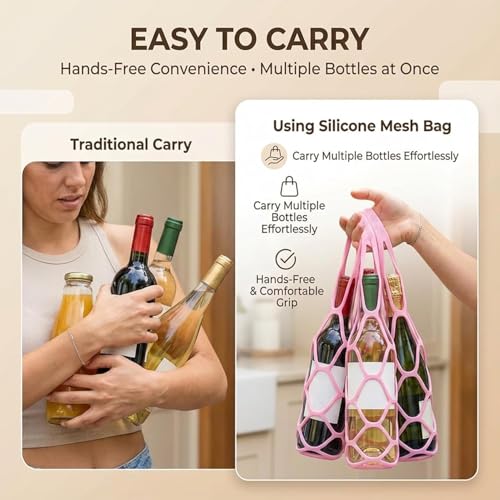 Honfor 2 Pack Silicone Wine Carrier Tote Bag Portable Reusable Foldable Single Wine Bottle Holder with Secure String Multi-functional Mesh Coaster Silicone Mesh bag for Fruit Bottles Beer Travel Mug