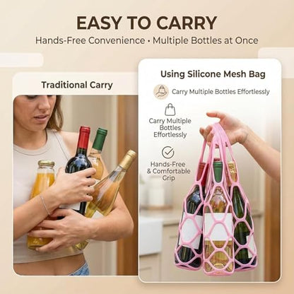 Honfor 2 Pack Silicone Wine Carrier Tote Bag Portable Reusable Foldable Single Wine Bottle Holder with Secure String Multi-functional Mesh Coaster Silicone Mesh bag for Fruit Bottles Beer Travel Mug