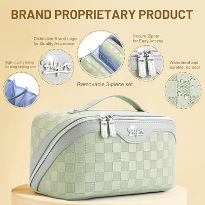 BOYATU Travel Makeup Bag Organizer: 3 Pcs Set Large Capacity Cosmetic Bags Holds 10–20 100ml Full-Size Bottles - 180°Open-Flat Make up Case 3-sec touch-up - Toiletry Bag Gift women (01-D-Green) - color: 01-D-Green
