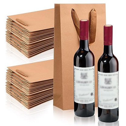 Yeaqee 50 Pack Wine Bags for Wine Double Bottles Gifts Carriers 6.6x3.6x13.8 Craft Bottle Bags Bulk with Handles Paper Tumbler Carriers, Party Gift Pocket with Handle(Brown) - color: Brown