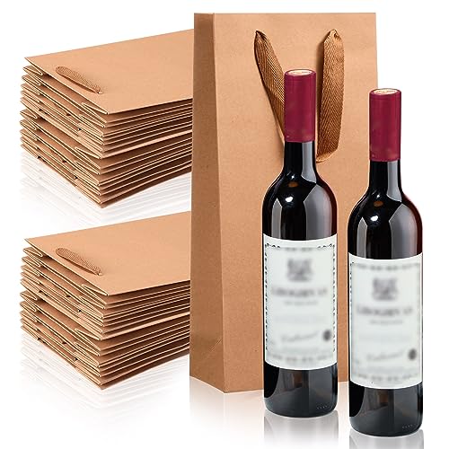 Yeaqee 50 Pack Wine Bags for Wine Double Bottles Gifts Carriers 6.6x3.6x13.8 Craft Bottle Bags Bulk with Handles Paper Tumbler Carriers, Party Gift Pocket with Handle(Brown) - color: Brown