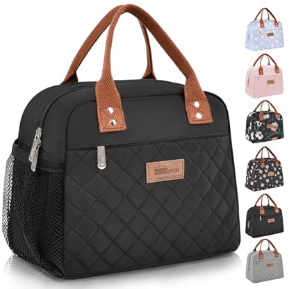 HOMESPON Insulated Lunch Bag for Women Men Adults Lunch Tote with Front Pocket Lunch Box Container Cooler Bag for Work Picnic (Black with Side Pockets) - color: Black (Side Pockets)