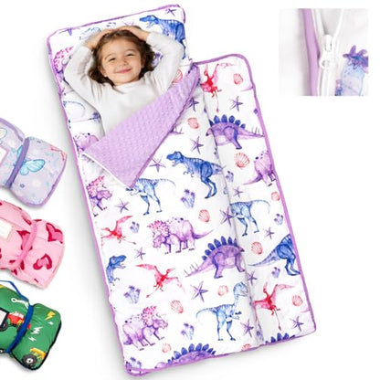 Primlect Toddler Nap Mat Extra Large Thickened 55''x35'', Soft Sleeping Bag with Detachable Minky Blanket and Pillow, Portable for Daycare, Preschool, Kindergarten, Travel, Boys and Girls - color: Purple Dinosaur