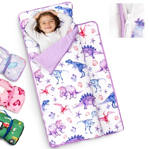 Primlect Toddler Nap Mat Extra Large Thickened 55''x35'', Soft Sleeping Bag with Detachable Minky Blanket and Pillow, Portable for Daycare, Preschool, Kindergarten, Travel, Boys and Girls - color: Purple Dinosaur