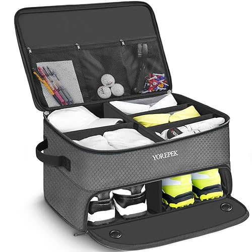 YOREPEK 2 Layer Golf Trunk Organizer, Golf Gifts for Men with Separate Ventilated Compartment for 2 Pair Shoes, Waterproof Car Trunk Locker for Balls, Tees, Clothes, Gloves, Gifts for Golfers - color: Standard-Grey