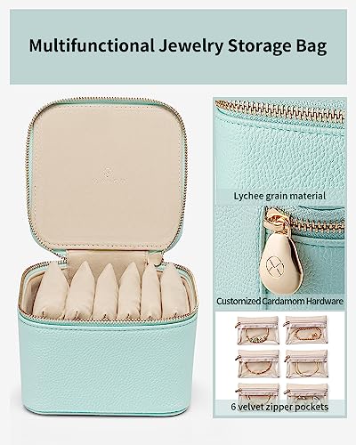 VLANDO Travel Jewelry Box for Women Faux Leather Jewelry Box with 6 Velvet Jewelry Zipper Pockets Earrings Necklace Rings Storage Boxes Christmas Gift for Mom Wife(Lake Blue) - color: 6PCS-Lake Blue