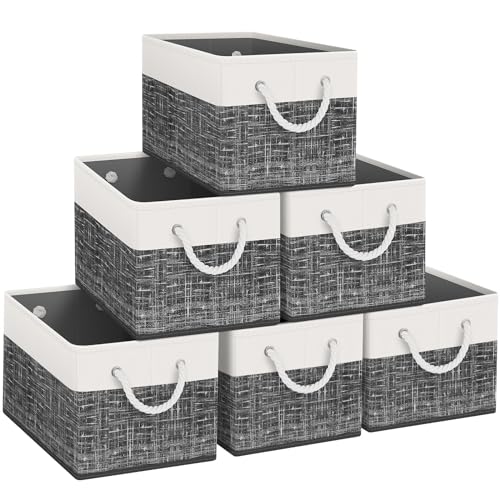 Fab totes Storage Bins 6-Pack, Foldable Storage Baskets for Organizing Toys, Books, Shelves, Closet, Large Storage Box with Rope Handles, Sturdy Organizer Bins, White & Black - color: White & Black, size: 6pack