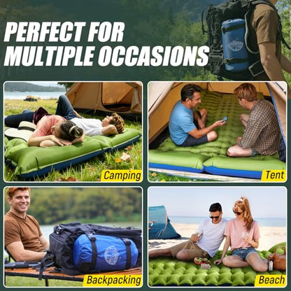 Yuzonc Double Sleeping Pad - Self Inflating 4" Extra-Thick for 2 Person with Pillow Built-in Foot Pump Inflatable Sleeping Mat for Backpacking, Hiking, Traveling, Tent, Portable Camping Mat - color: Green