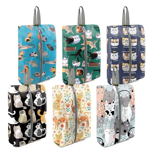 BeeGreen Cats Shoe Bags 6 Pack for Travel with Handle as Packing Organizers for Suitcase and Luggage | Portable Nylon Storage Accessories for Vacations,Gym,Sport,Essential Gifts for Women and Men - style: Shoe Bag Animal 6-pack - All Cats Series