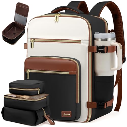 LOVEVOOK Travel Backpack For Women,50L Carry On Backpack Flight Approved,TSA Personal Item Travel Bag Fits 18 Inch Laptop,Business Weekender Overnight Daypack with Toiletry Bag and Cube,White brown - color: Black and White and Brown, size: 18 Inch-50L-4Pc