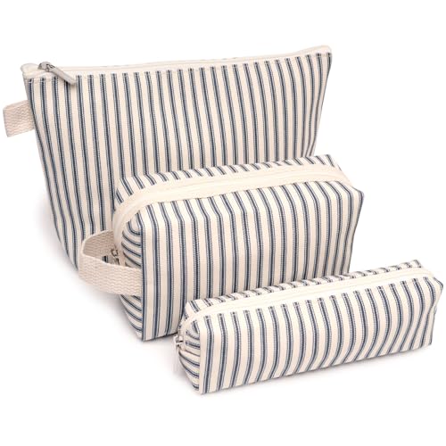 3 Pcs Canvas Makeup Bag Set Cosmetic Pouch for Women Travel Toiletry Bag Cute Makeup Organizer Purse Pouch Preppy Pencil Case with Zipper (Blue Pinstripes) - color: Blue Pinstripes