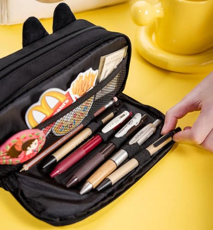 Hongdian Large Capacity Pencil Case, 3D Cat Pen Bags Pencil Pouch Organizer for Office College School - color: Black
