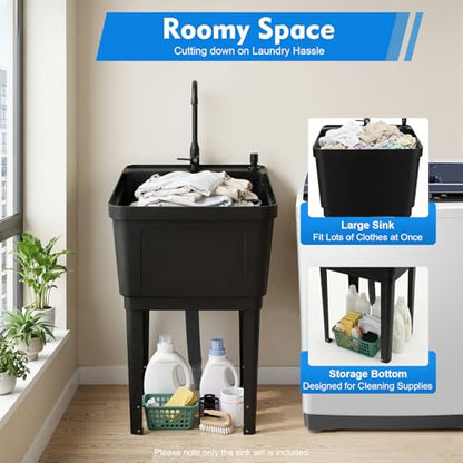 Black Utility Sink, Free Standing Laundry Sink, Laundry Tub Sink with Faucet+Soap Dispenser+Drain Pipe Kit, Laundry Room Sink for Restaurants, Laundries, Stores - color: Black, 19.7 x 19 x 33.1in
