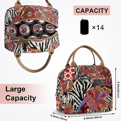 EurCross Aesthetic Lunch Box Bag for Women Daily Use,Boho Stylish Elegant Canvas Insulated Adult Lunch Bento Box Tote Bag - color: Boho-red