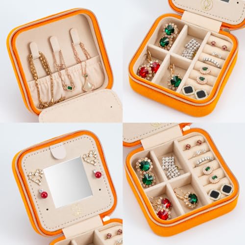 ZPROW Plush Velvet Travel Jewelry Case, Travel Jewelry Organizer, Jewelry Travel Case, Travel Jewelry Box, Small Jewelry Case, Jewelry Travel Box, Earring Organizer with Mirror - Orange - color: Velvet 1 Pack - Orange