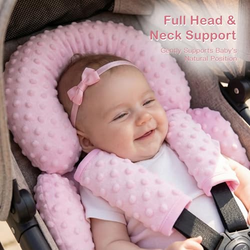 Pro Goleem Infant Car Seat Head Neck Body Support, Ultra-Soft Minky and Microfiber Car Seat Strap Pads, Perfect for Stroller, 2-in-1 Reversible, Girls, Pink - color: Pink-p