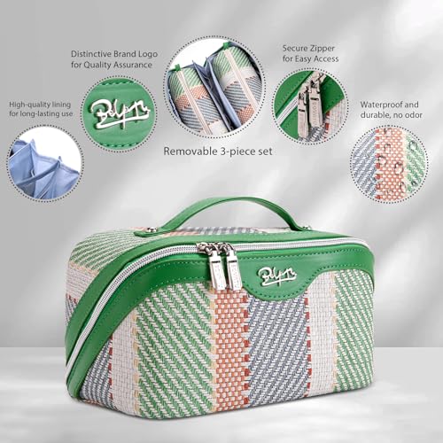 BOYATU Travel Makeup Bag Cosmetic Bag for Women: 3 Pcs Set Make up Bag with Compartments - Waterproof Vegan Leather Toiletry Bags with Handle - Makeup Organizer for Travel Essentials(C-2-Green) - color: C-2-Green