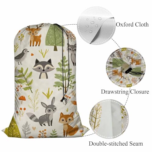 Swono Woodland Animals Laundry Bag with Strap Machine Washable Large Dirty Clothes Organizer Trees Mushrooms Berries Rabbit Owl Easy Fit Laundry Hamper or Basket, Carry Up to 4 Loads of Laundry - color: Woodland Animals