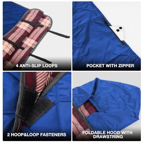 DUKUSEEK Waterproof Camping Blanket with Thick Fleece, Large Outdoor Blanket Windproof with Foldable Hood for Camping Stadium Sporting Events,79"x 58" - color: Dark Blue Outer With Red Plaid Fleece