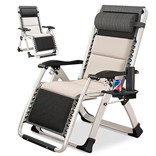 NAIZEA Padded Zero Gravity Chair, Folding Outdoor Lounge Chairs, Adjustable Reclining Camping Chairs with Cup Holder, Ergonomic Patio Lawn Chair for Balcony Beach Deck Yard - color: Ivory White, style: Zero Gravity Chair