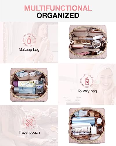 BAGSMART Small Makeup Bag, Compact Cosmetic Pouch for Women for Purse, Travel Toiletry Organizer with Wide Open Design, Pink - color: 01-Pink